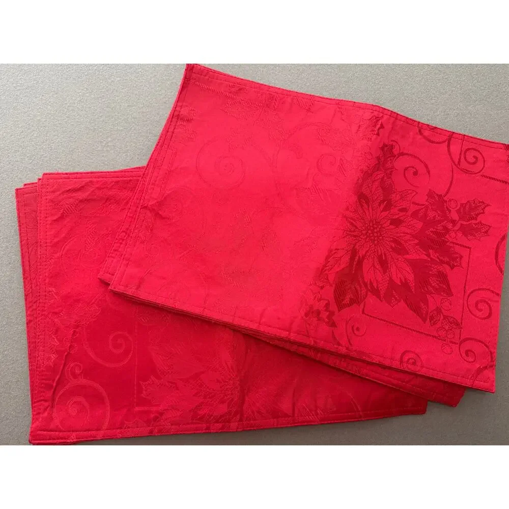 Christmas Poinsettia Red Jacquard Placemats Holiday Table Decor Set of 8